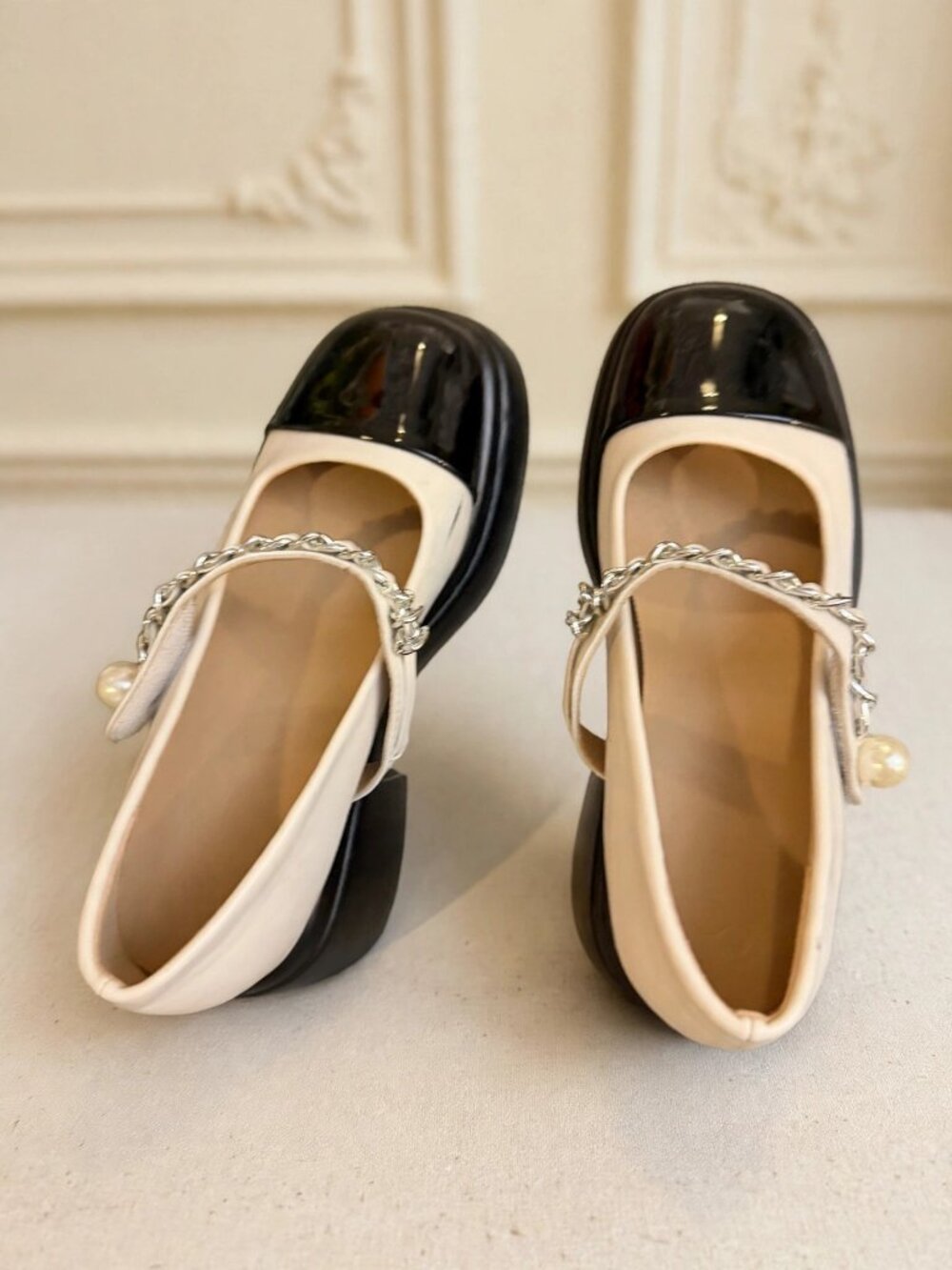 Black White Patent Mary Jane Heels Pearl Chain Strap Block Heel